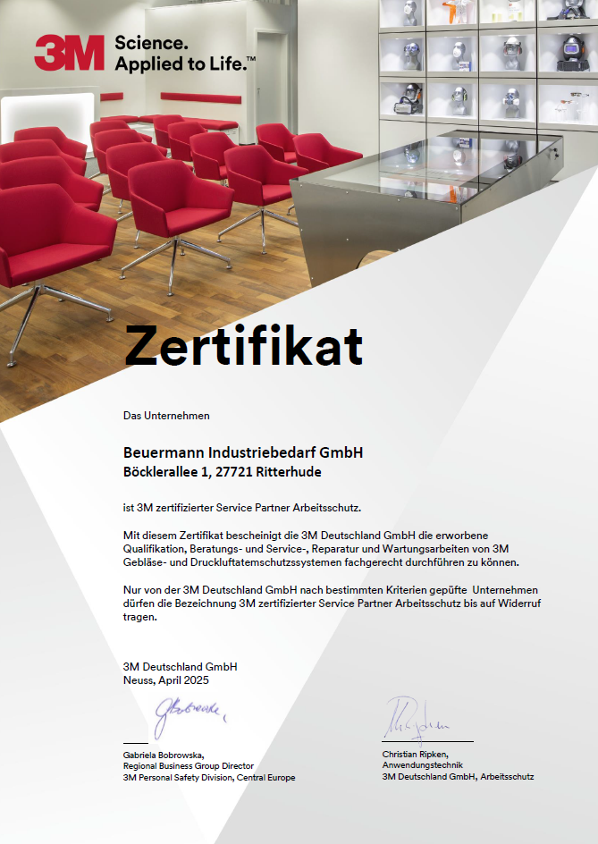 Zertifikat, welches Dienstleisungen von 3M-Gebläse- und Druckluftatemschutzsystemen zertifiziert.
